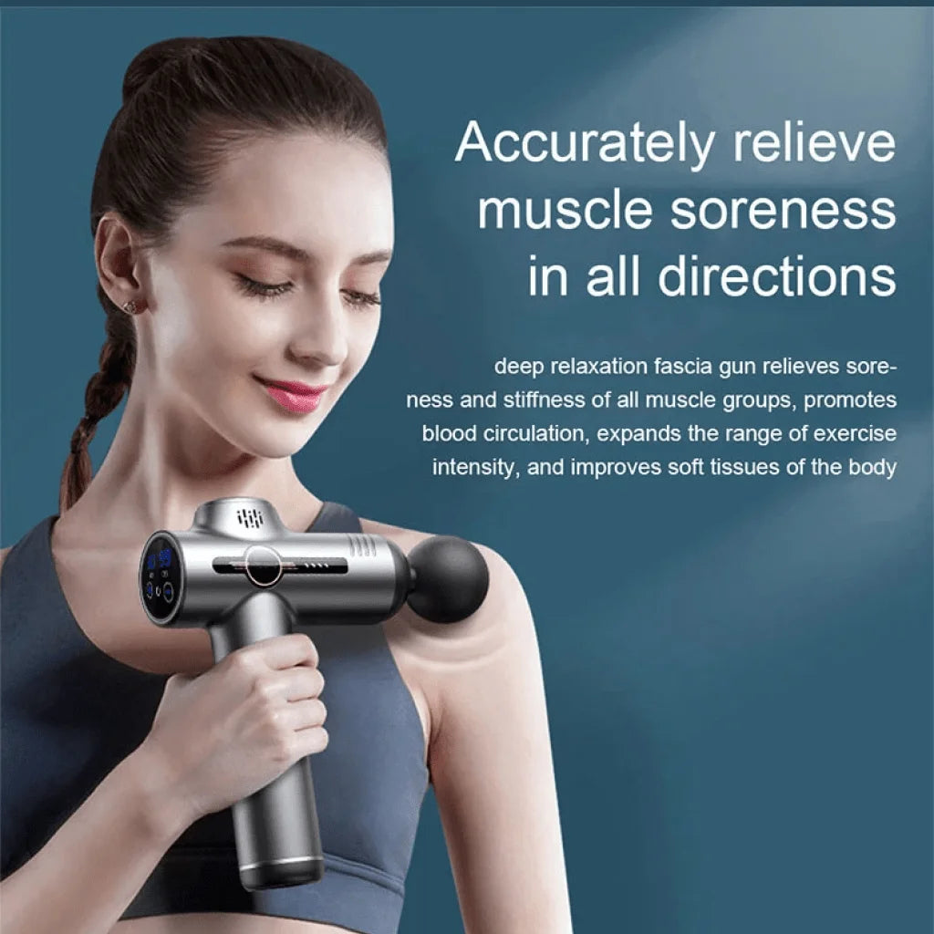 99 Massage. Le pistolet de massage avec 99 vitesses et 8 têtes de fixation.